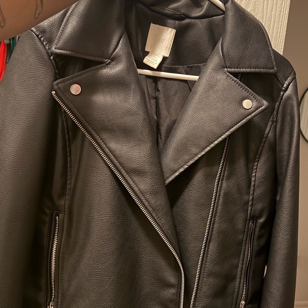 H&M Black Faux Leather Moto Jacket with Silver Hardware